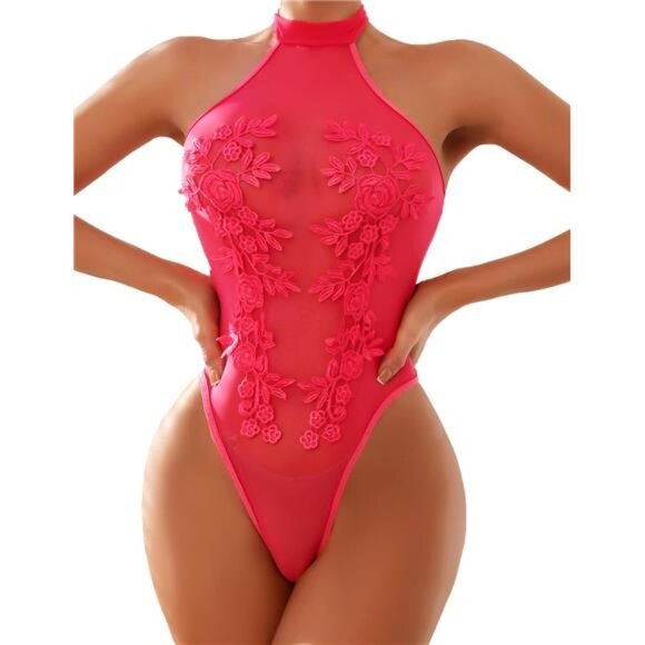 Women Teddy Lingerie Sexy Mesh Bodysuit Rose Pink - Picture 2 of 5